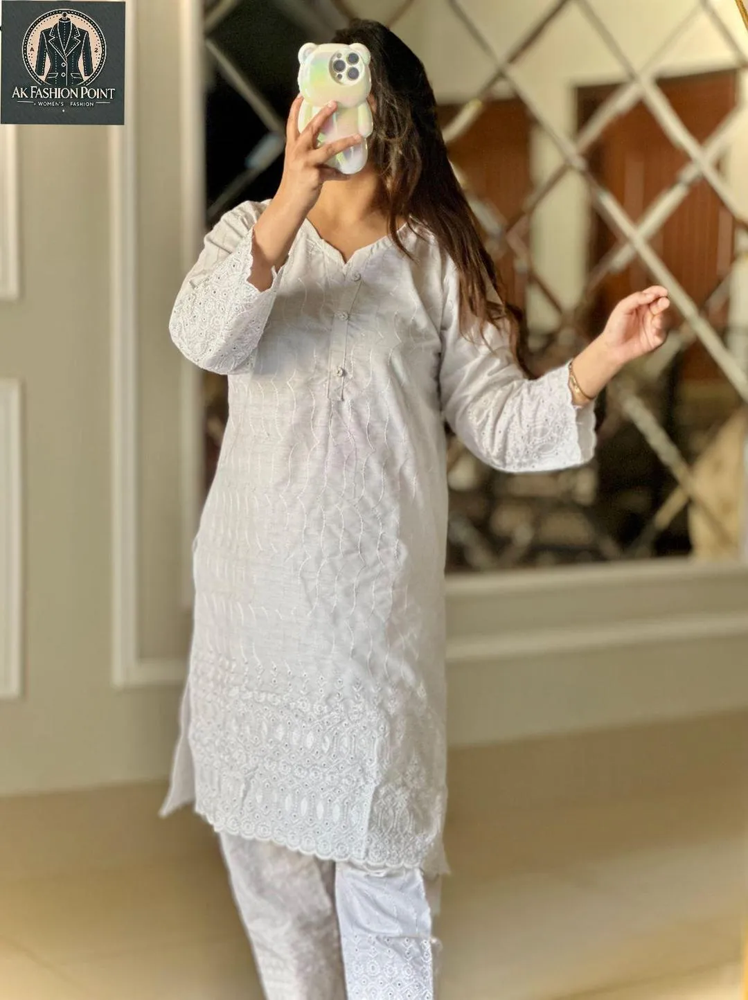 2 Pcs Women's Stitched Cotton Chikankari Embroidered Shirt And Trouser