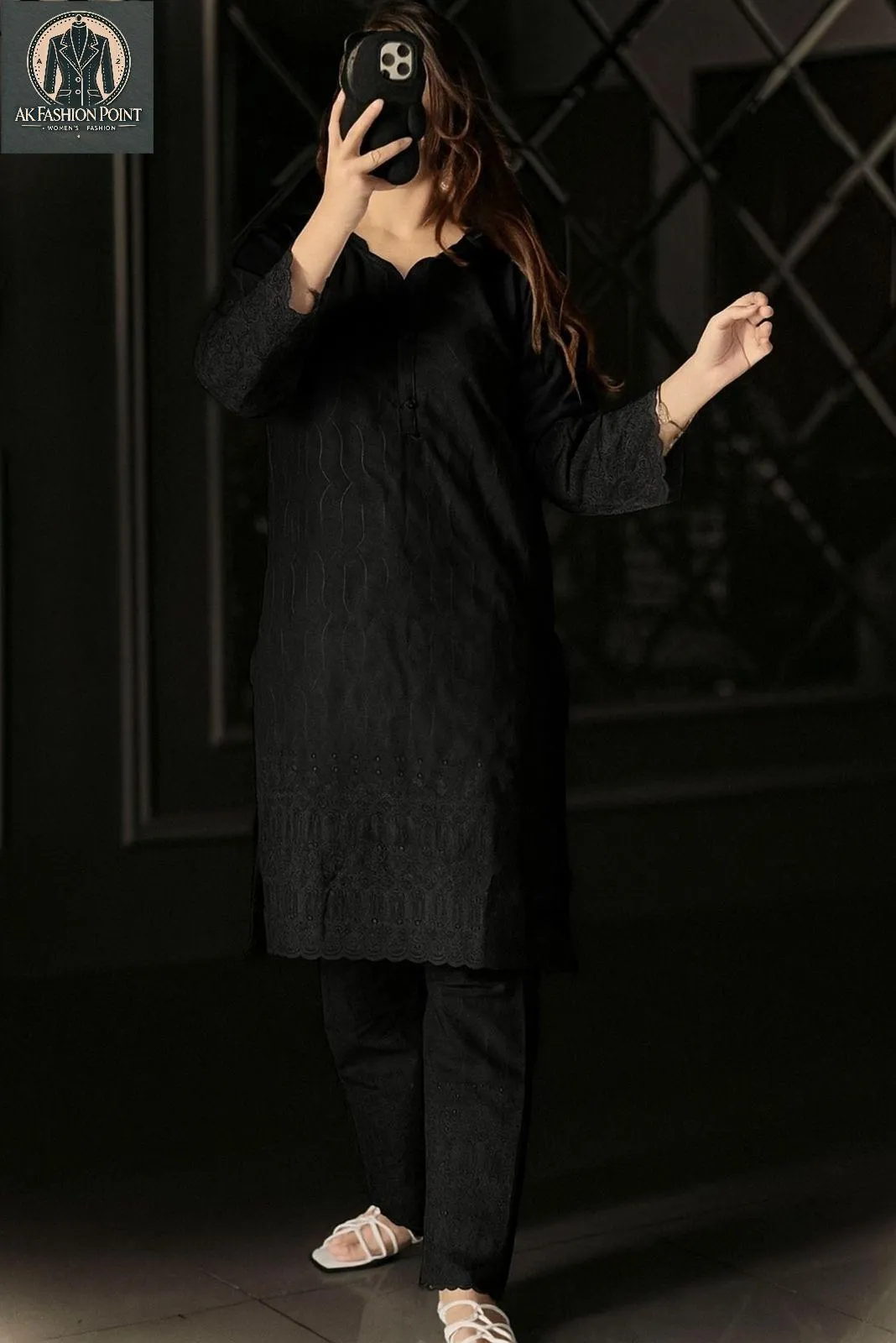 2 Pcs Women's Stitched Cotton Chikankari Embroidered Shirt And Trouser