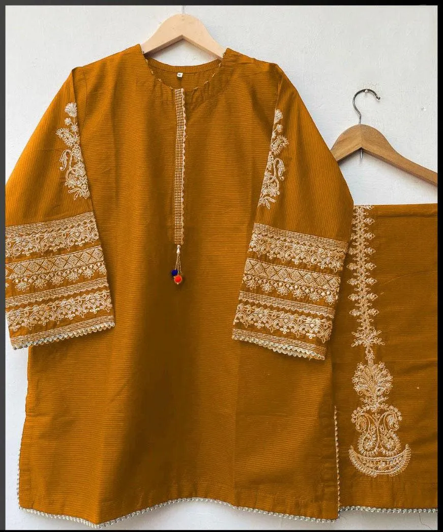 2 Pcs Women's Stitched Silk Embroidered Shirt And Trouser