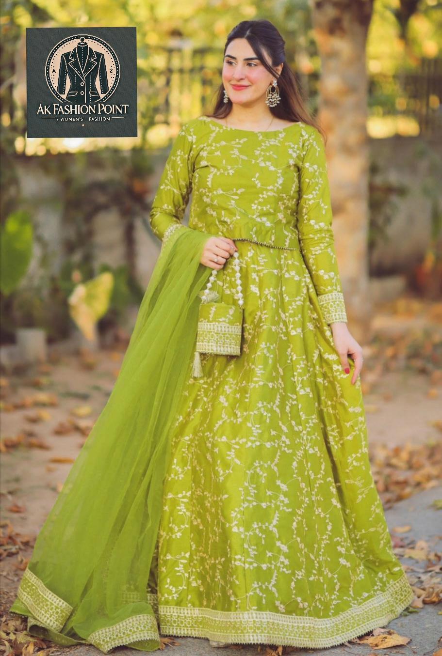 Stunning 4 Pcs Shamoz Silk Embroidered Lehenga Choli Set in Green