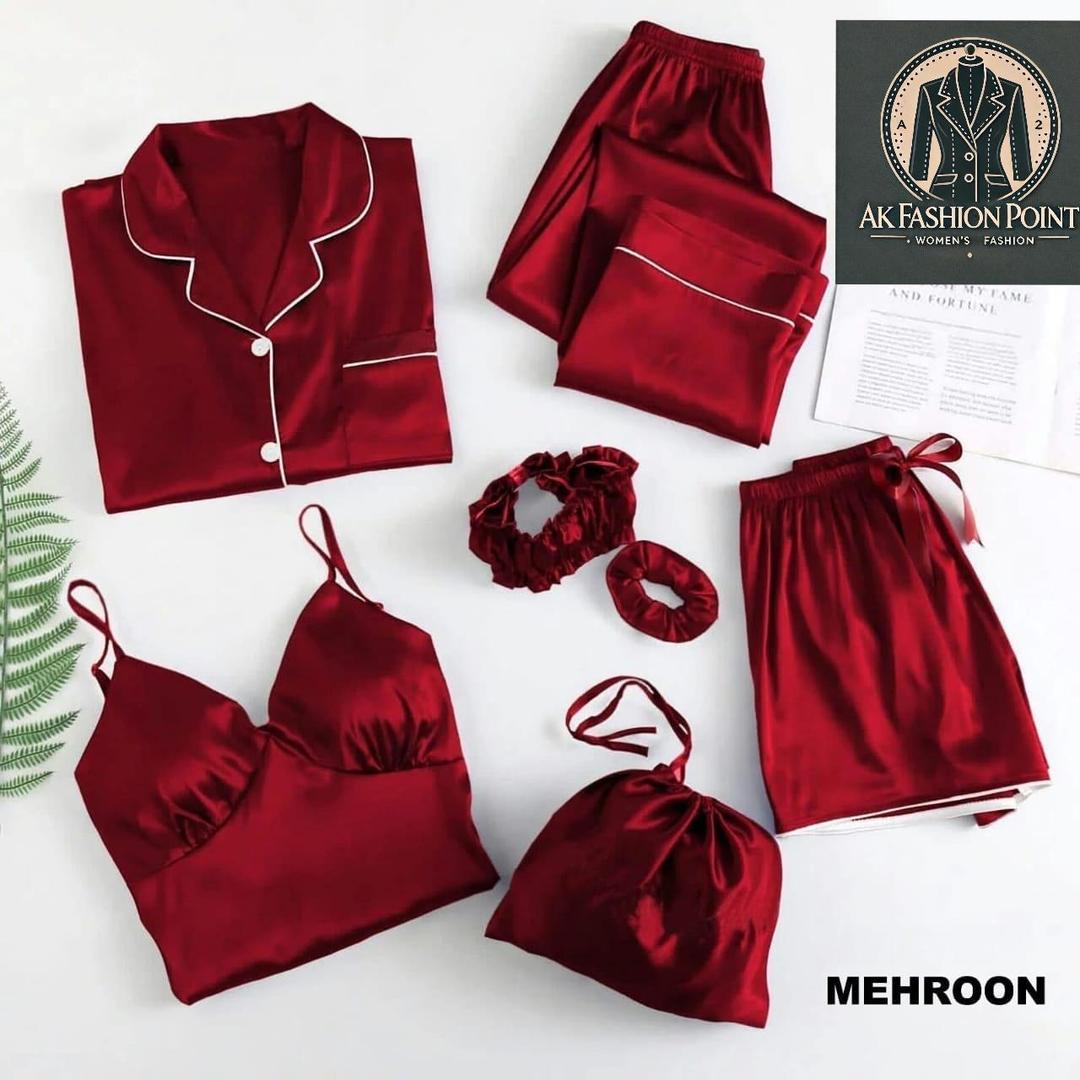 5 Pcs Women's Stitched Plain Night Suit