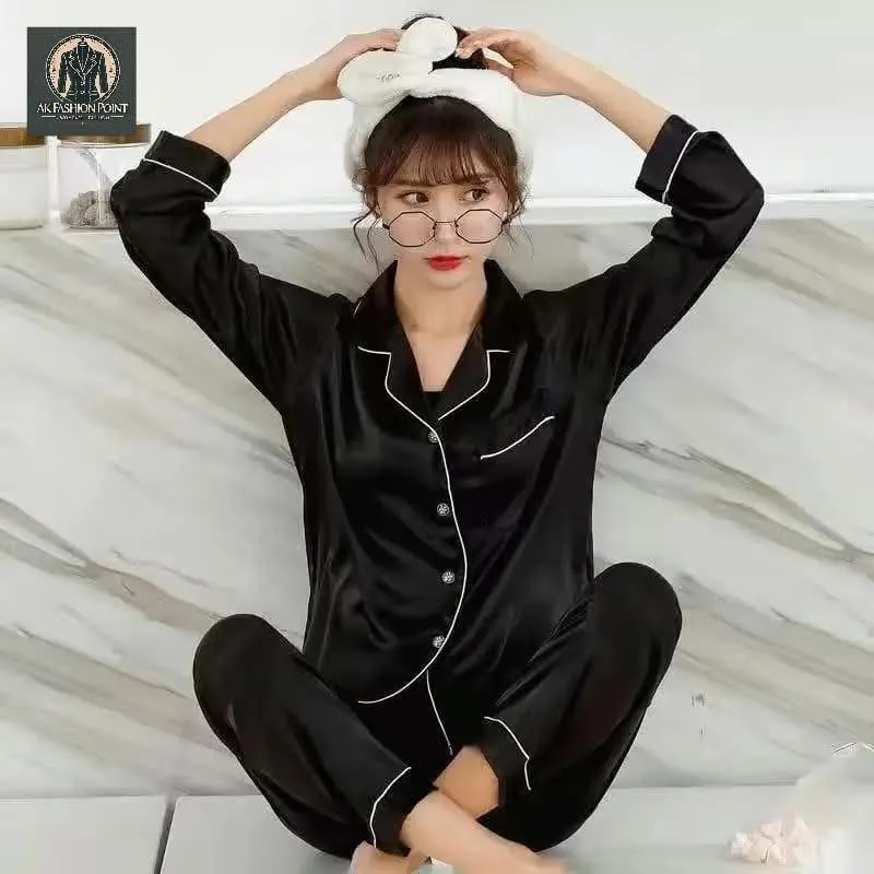 3 Pcs Women's Stitched Silk Plain Night Suit