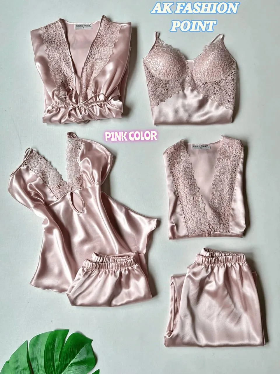 5 Pcs Women's Stitched Silk Embroidered Night Suit