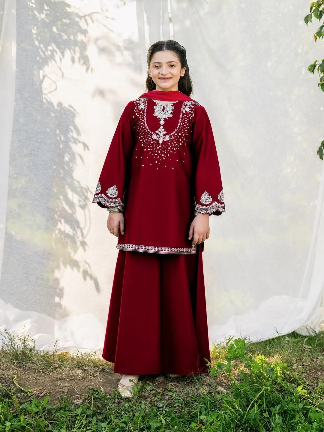 2 Pcs Girl's Cotton Embroidered Stitched Suit