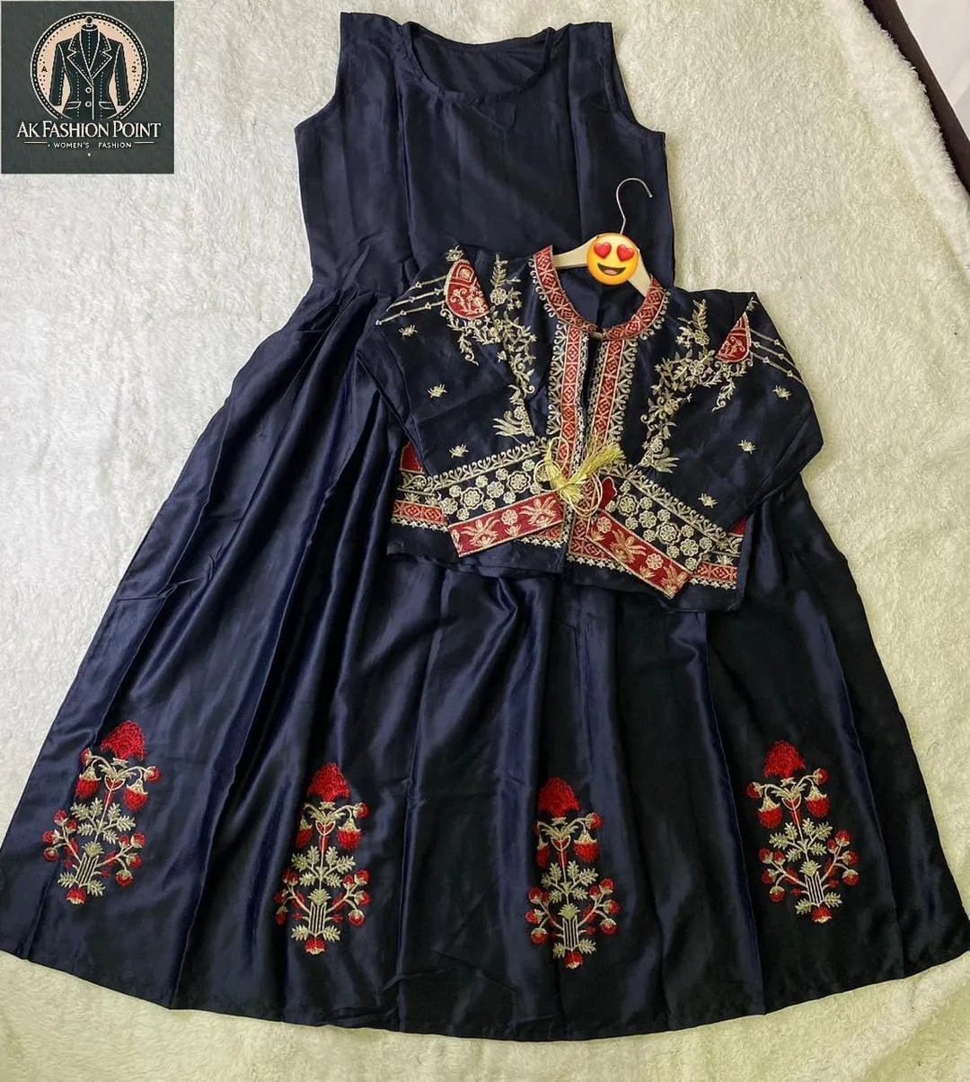 2 Pcs Women's Stitched Silk Hand Work Maxi and Jacket