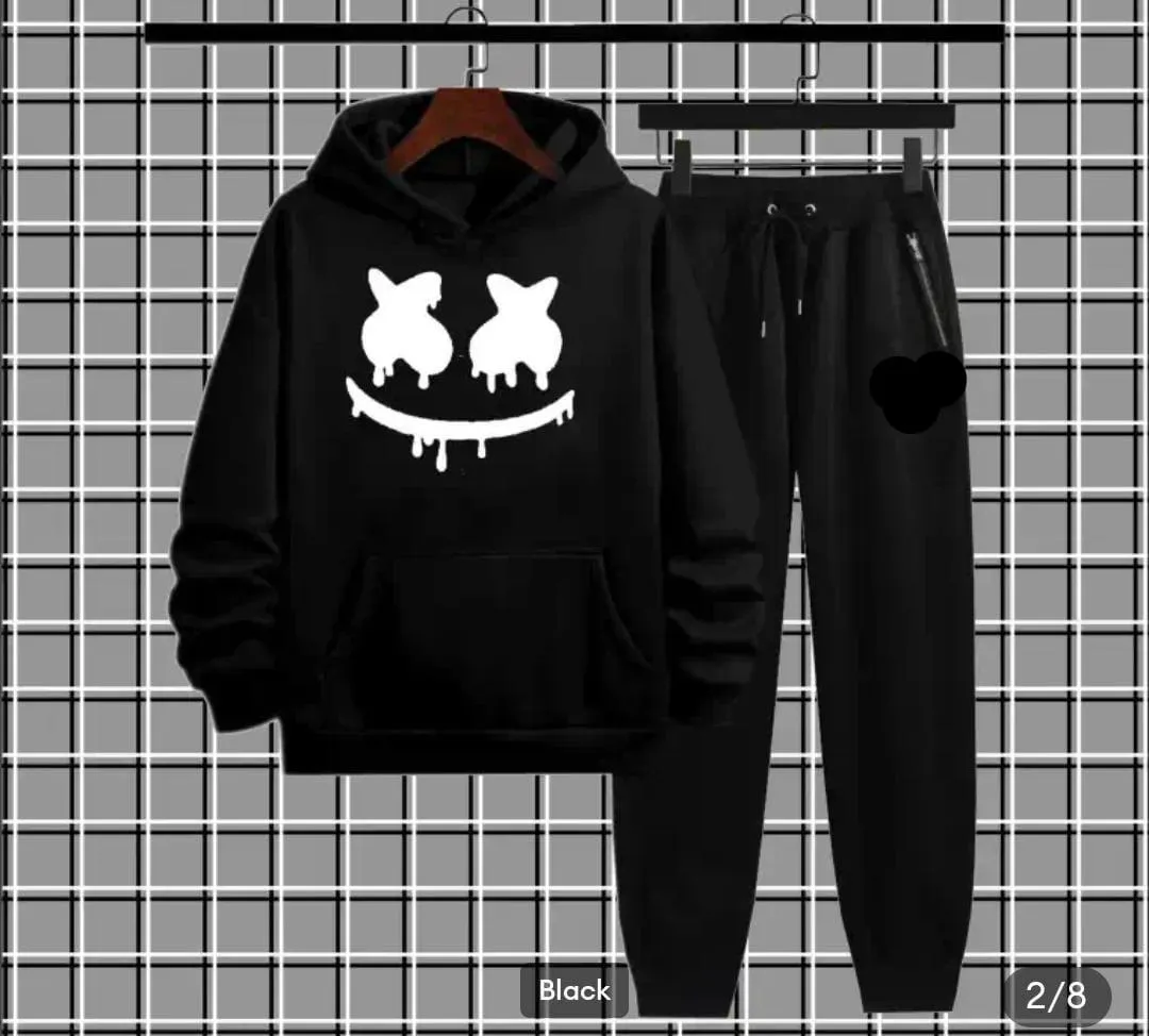 Men's Black Fleece Printed Hoodie Track Suit 