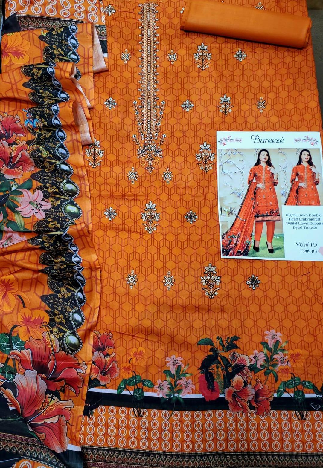 3 Pcs Women's Unstitched Printed Embroidered Suit