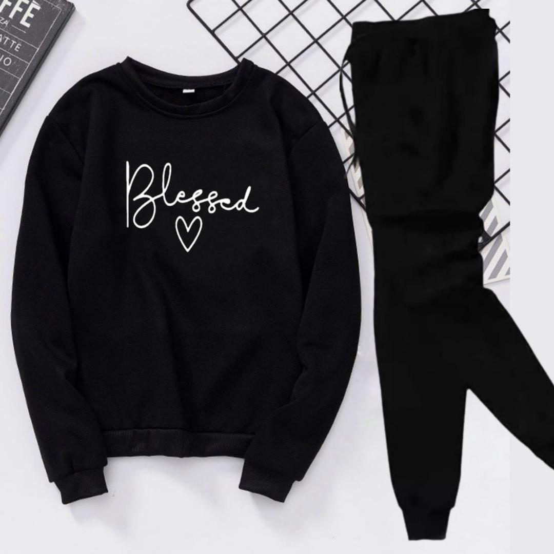 2 Pcs Women's Stitched Fleece Printed Sweatshirt Tracksuit
