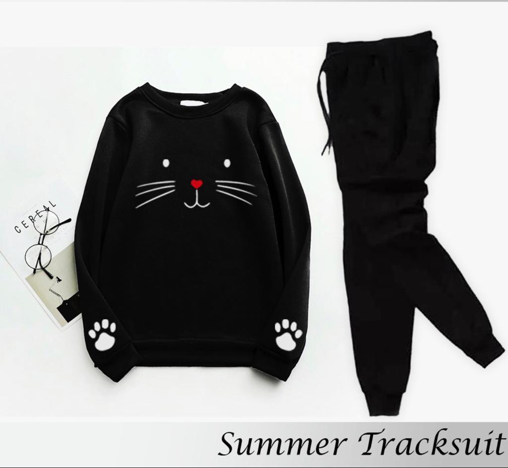 2 Pcs Women's Stitched Fleece Printed Sweatshirt Tracksuit