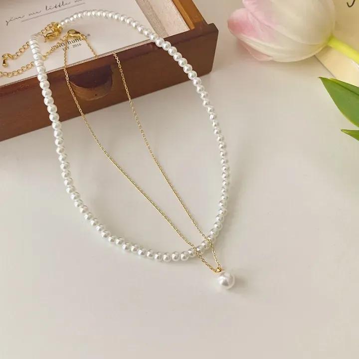 2 Layered Pearl Necklace Set with pearl earing 