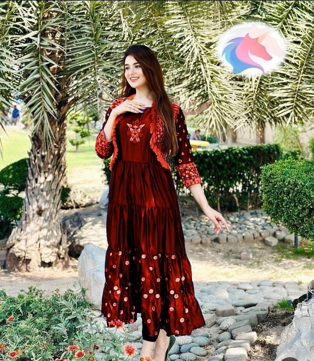 2 Pcs Women's Stitched Embroidered Maxi And Jacket