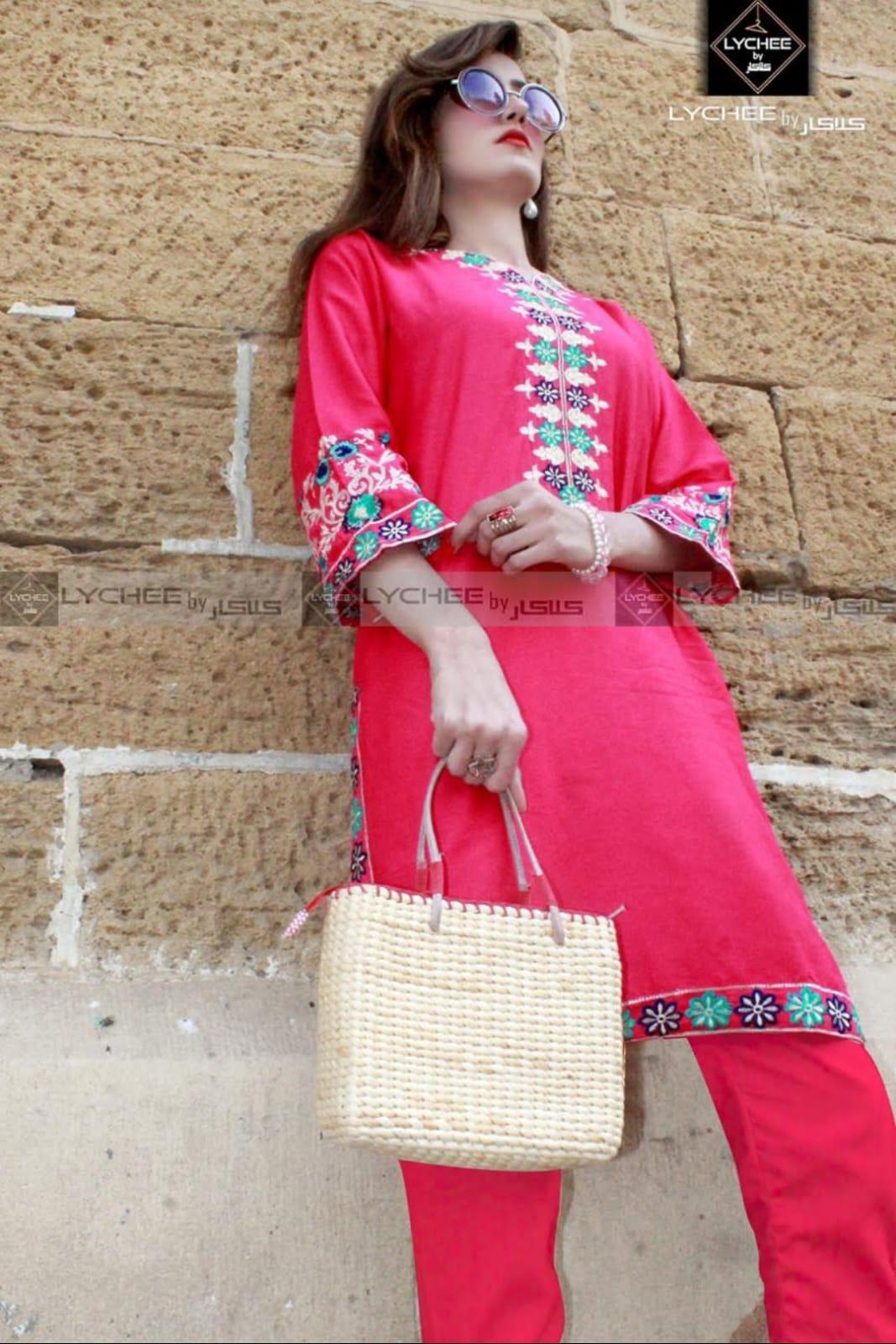 2 Pcs Women's Stitched Embroidered Shirt And Trouser