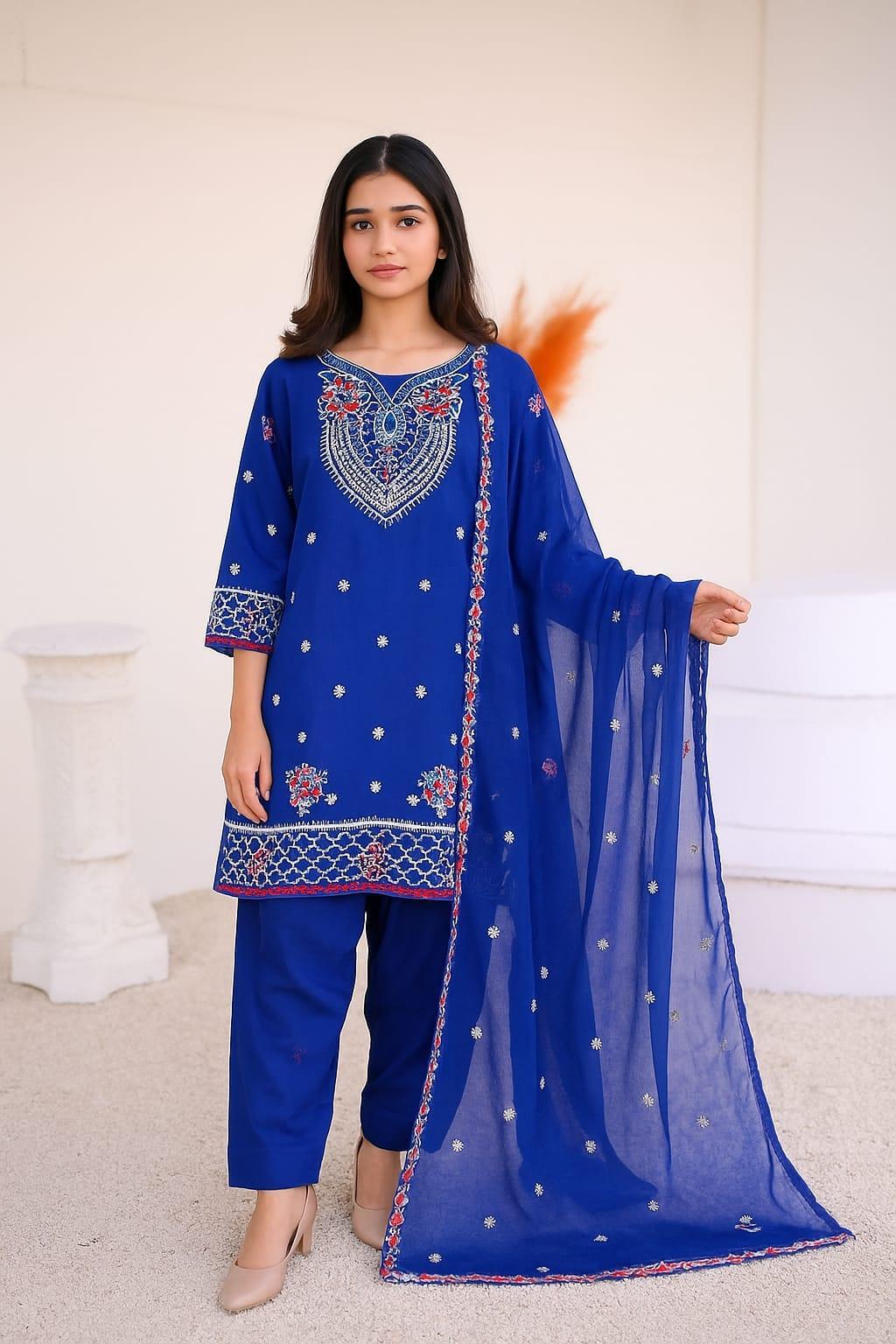3 Pcs Women's Stitched Silk Embroidered Suit