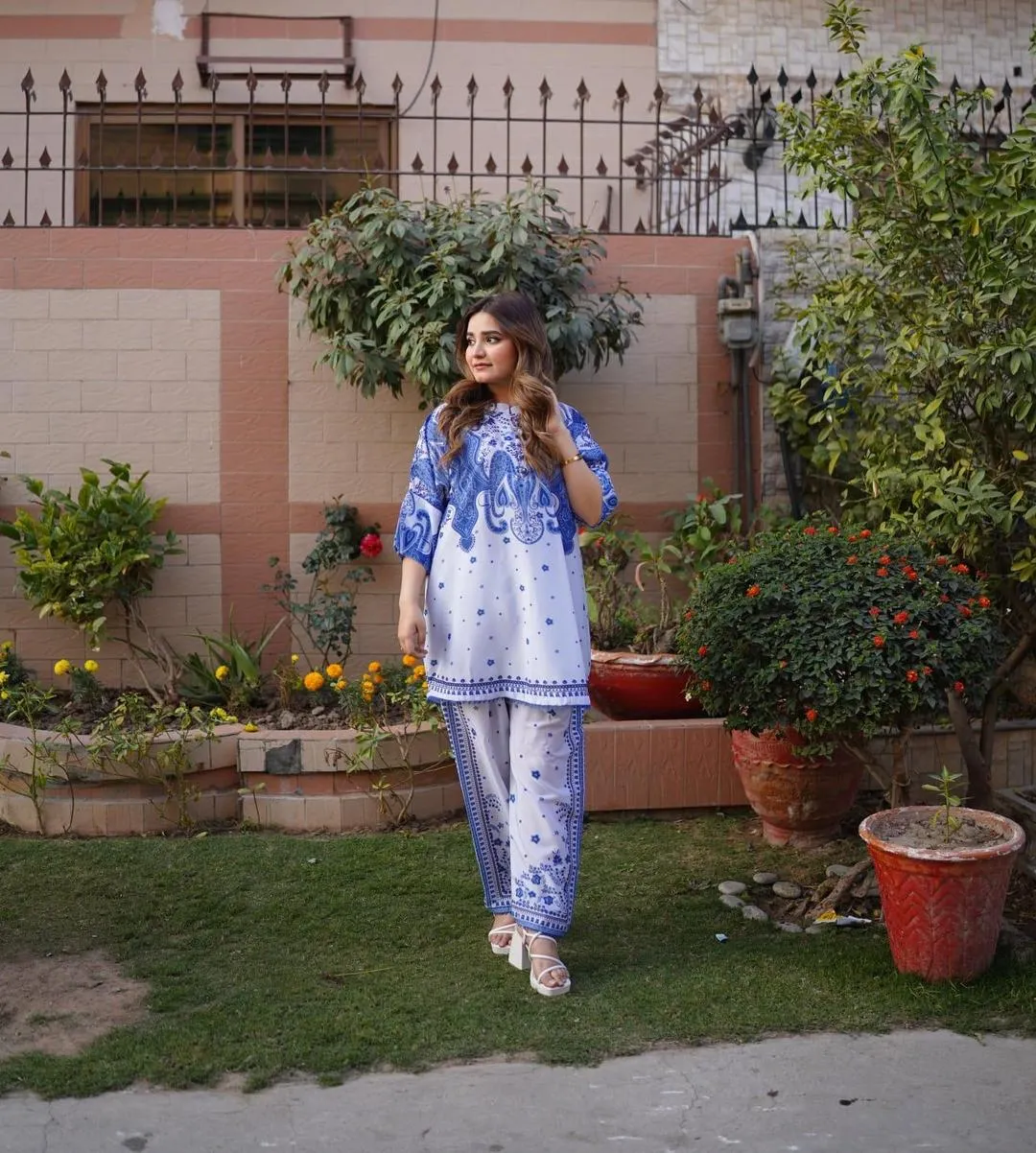 2 Pcs Women's Stitched Swiss Lawn Printed Shirt And Trouser