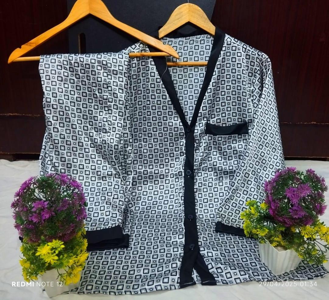 Luxurious Silk Night Suit - 2 Pcs V-Neck Sleepwear Set in Silver
