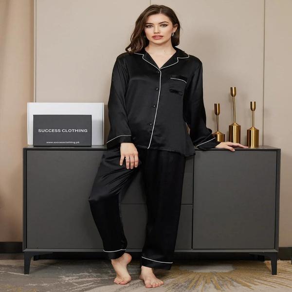 Silk Night Suit for Women - 2 Pcs Set - Plain Black Sleepwear