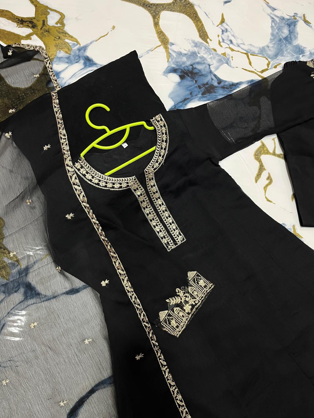 3 Pcs Girl's Chiffon Embroidered Kurta And Pajama