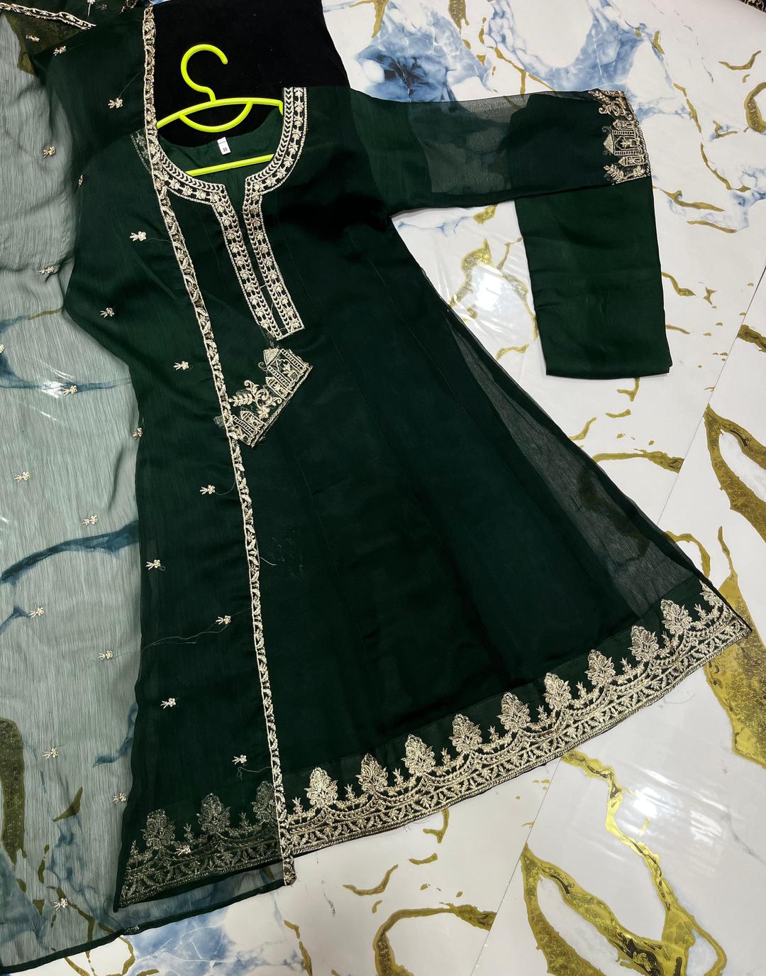 3 Pcs Girl's Chiffon Embroidered Kurta And Pajama