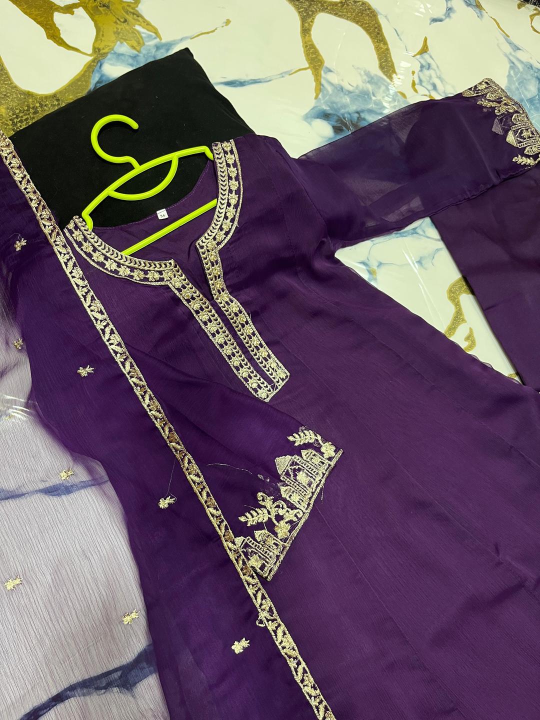 3 Pcs Girl's Chiffon Embroidered Kurta And Pajama