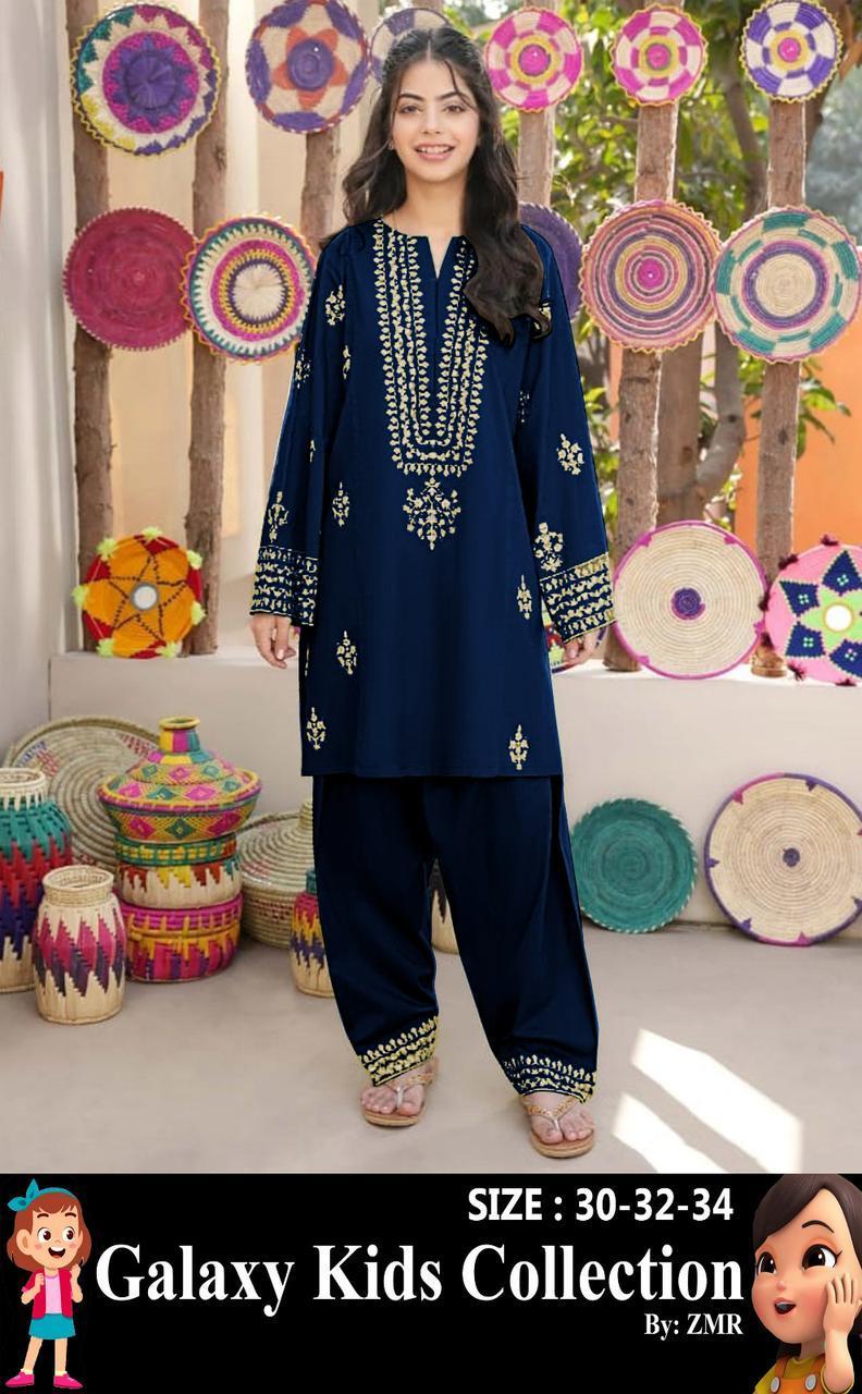 2 Pcs Girl's Katan Silk Embroidered Kurta And Pajama