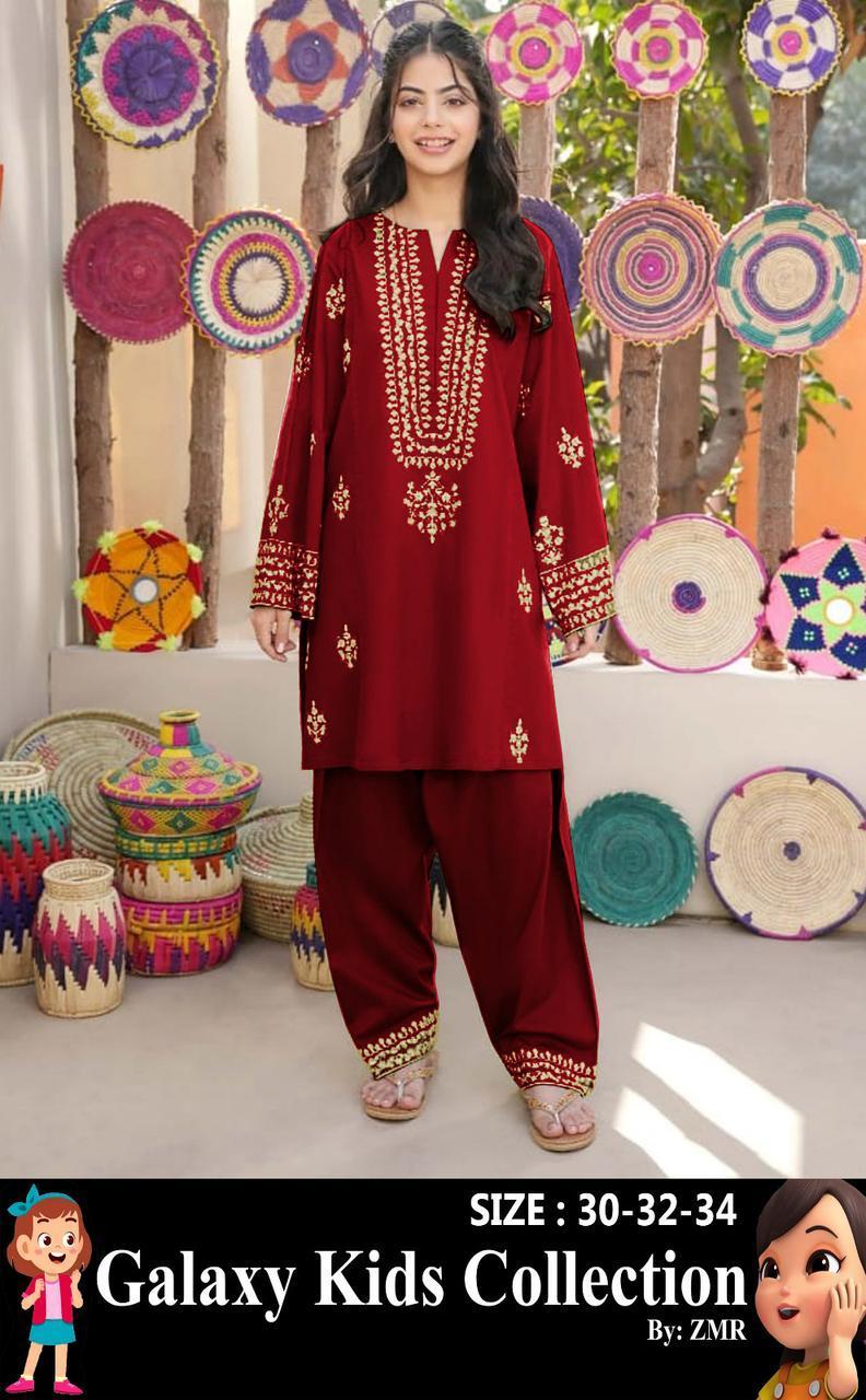 2 Pcs Girl's Katan Silk Embroidered Kurta And Pajama