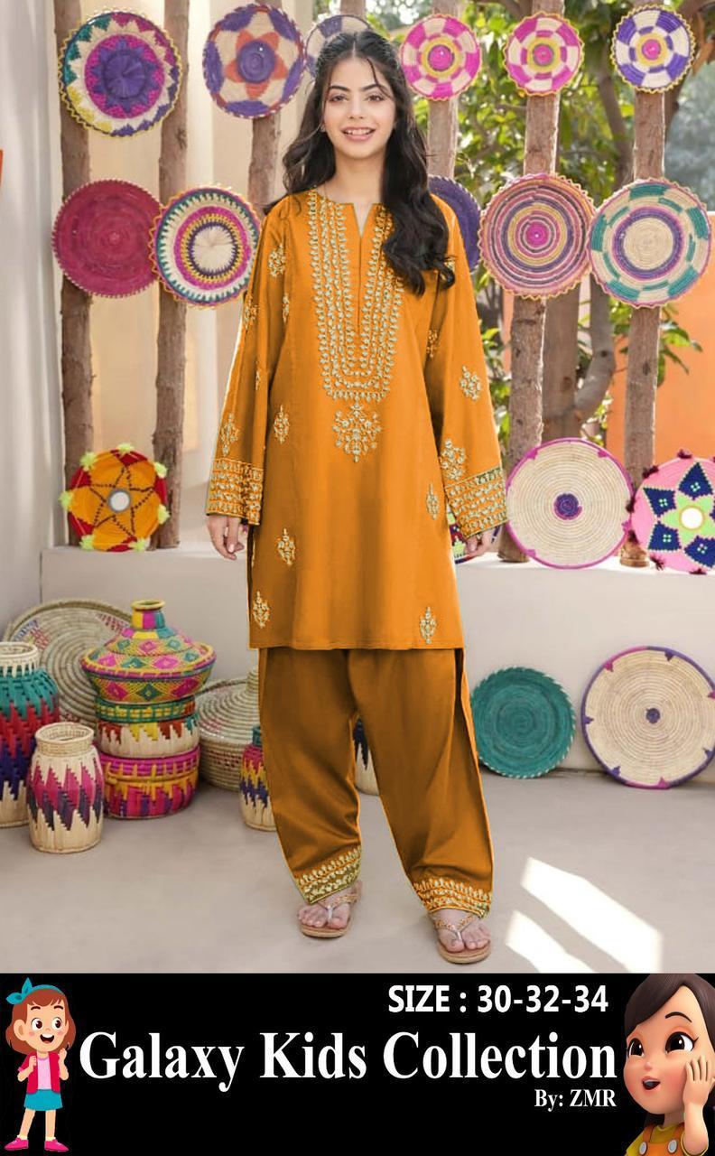 2 Pcs Girl's Katan Silk Embroidered Kurta And Pajama