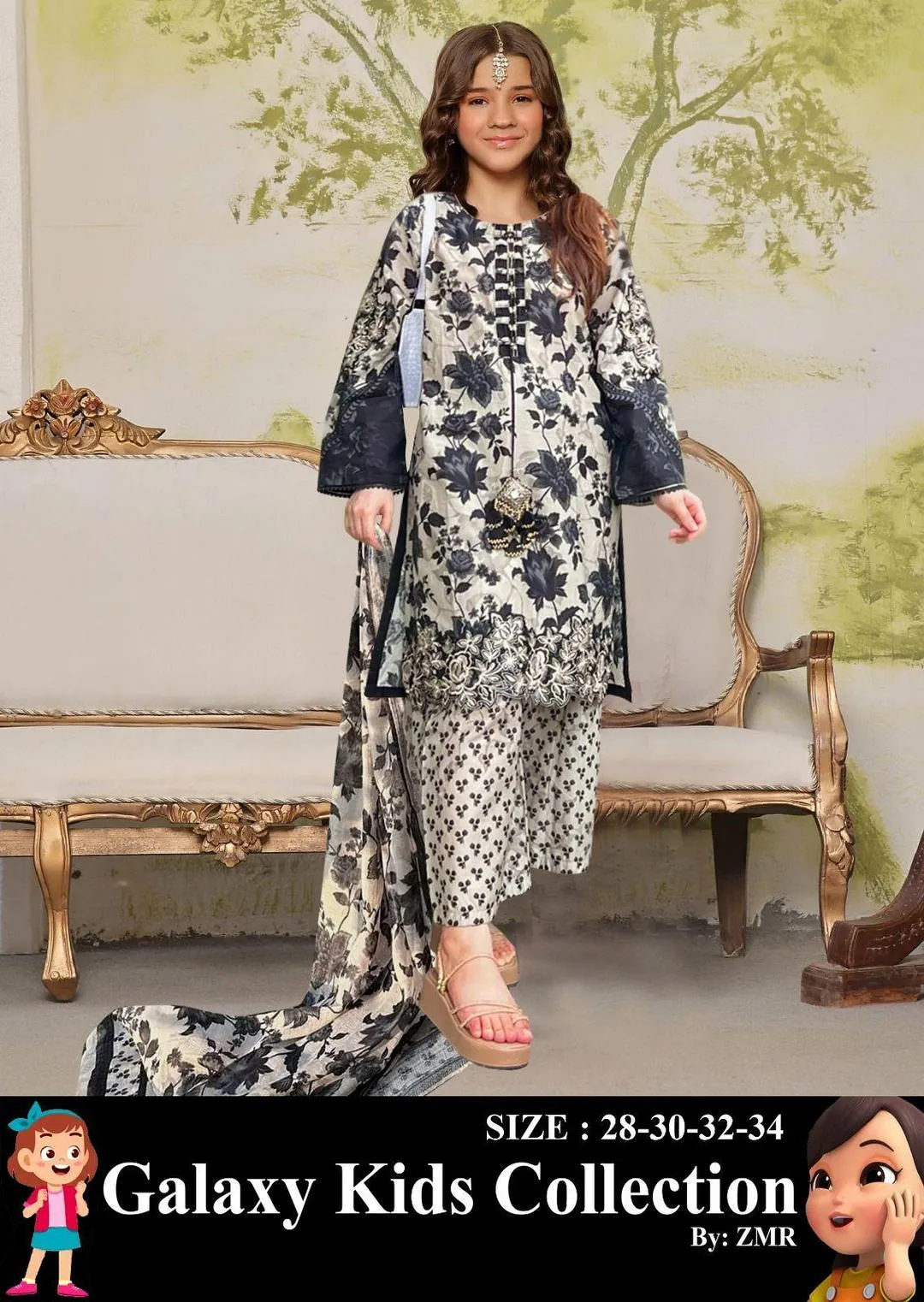 3 Pcs Girl's Lawn Printed Kurta And Pajama