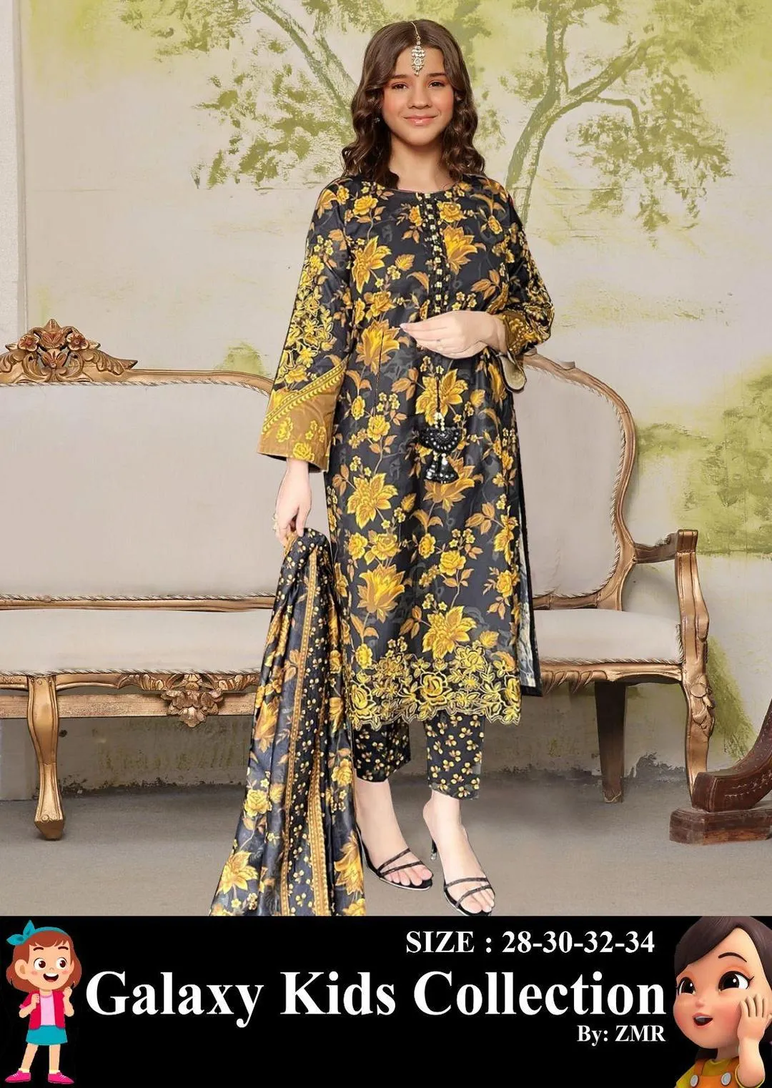 3 Pcs Girl's Lawn Printed Kurta And Pajama