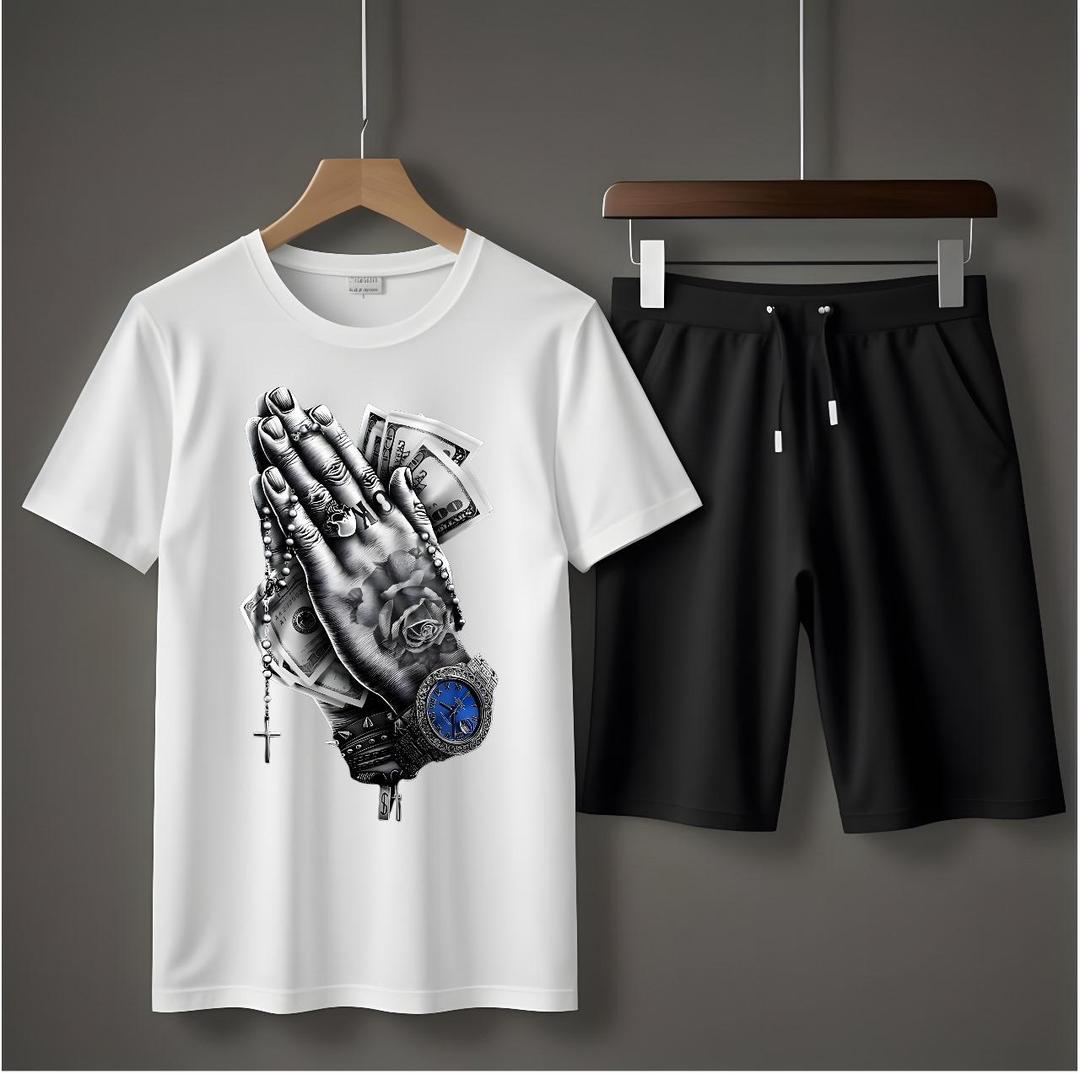 2 Pcs Men's Jersey Printed T-Shirt & Shorts Tracksuit