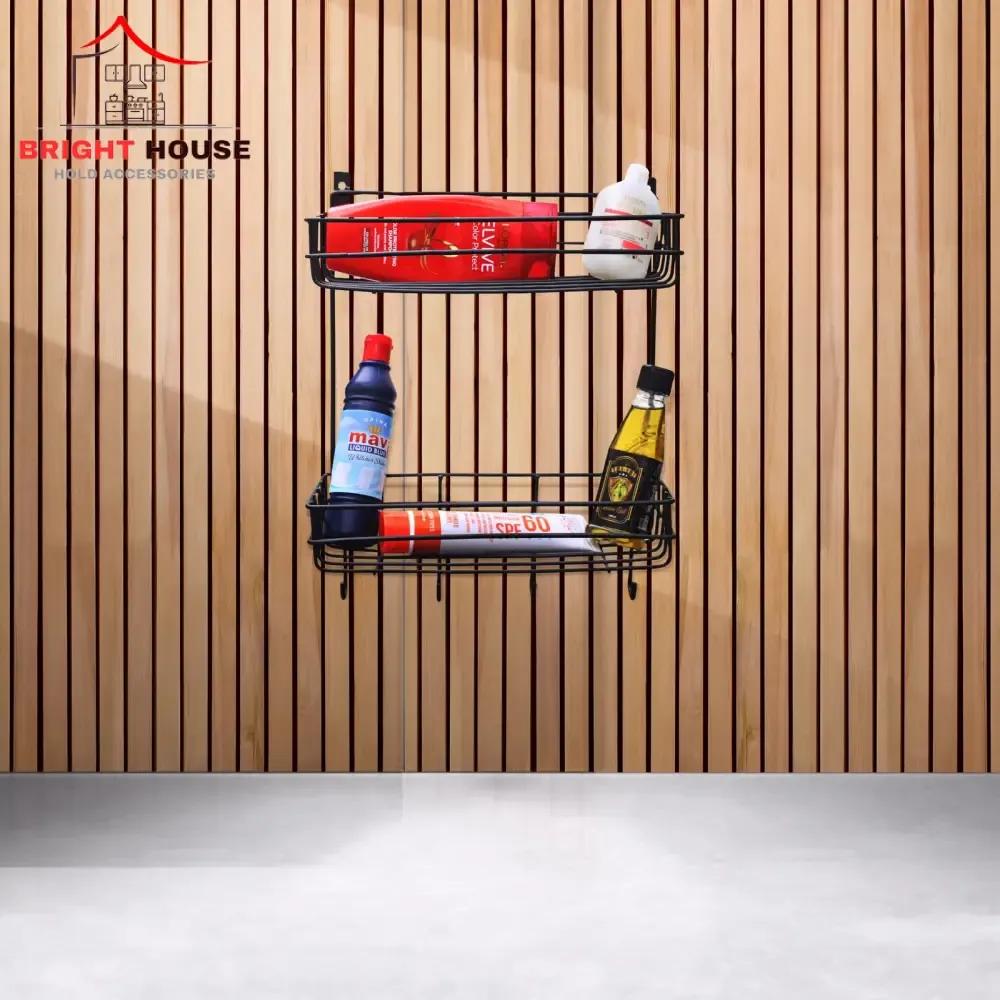 6 Hooks & 2 Baskets Metal Shelf 2 Tier Storage Rack for Coats, Towels