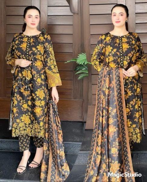 3 Pcs Women's Stitched Printed Suit