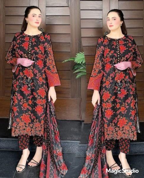 3 Pcs Women's Stitched Printed Suit