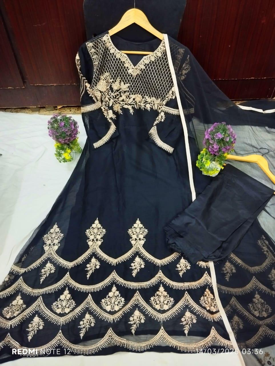 3 Pcs Women's Stitched Chiffon Embroidered Frock