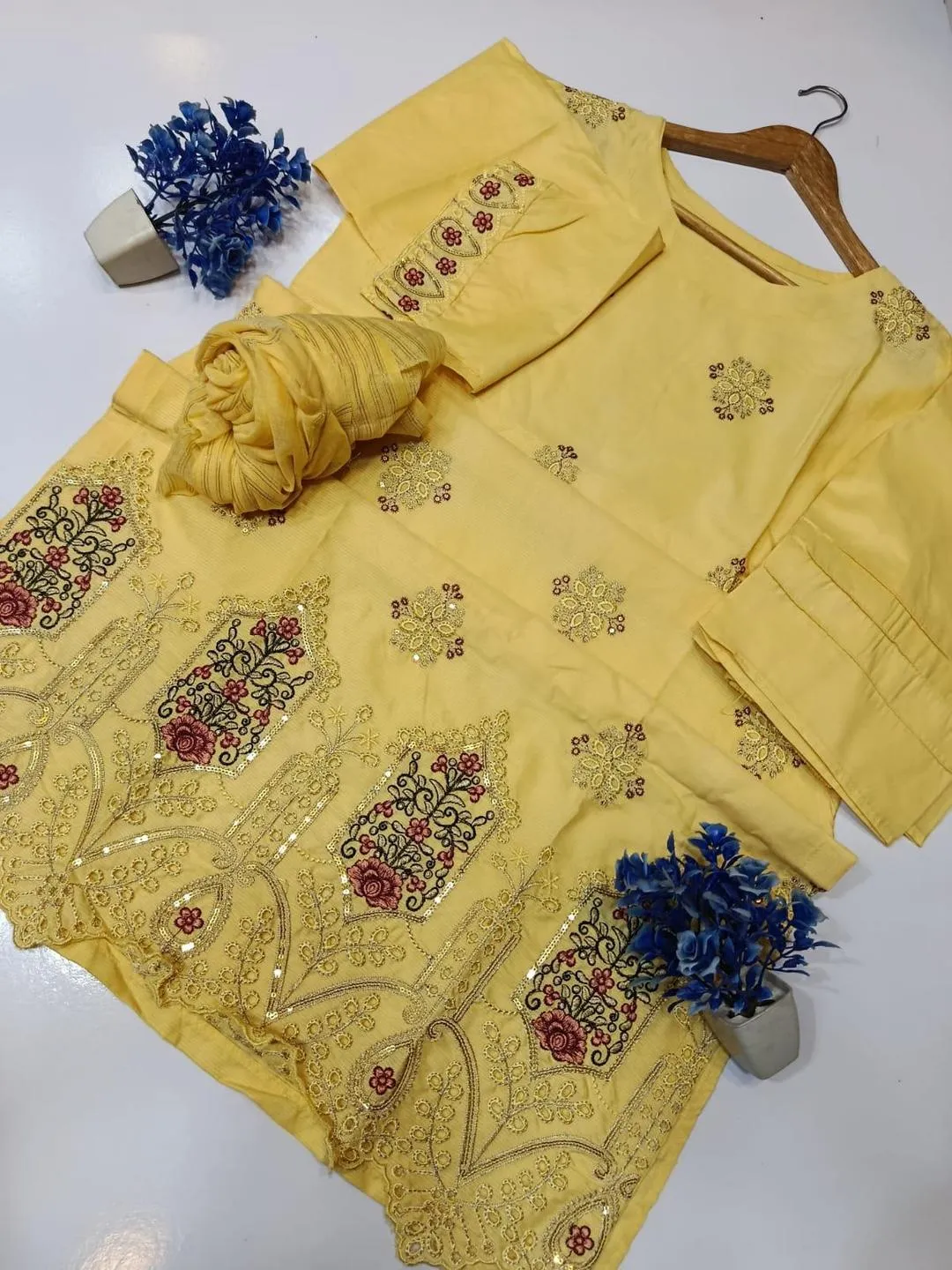 3 Pcs Women's Stitched Cotton Sequins Embroidered Suit