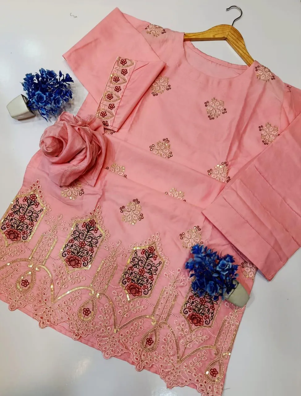 3 Pcs Women's Stitched Cotton Sequins Embroidered Suit