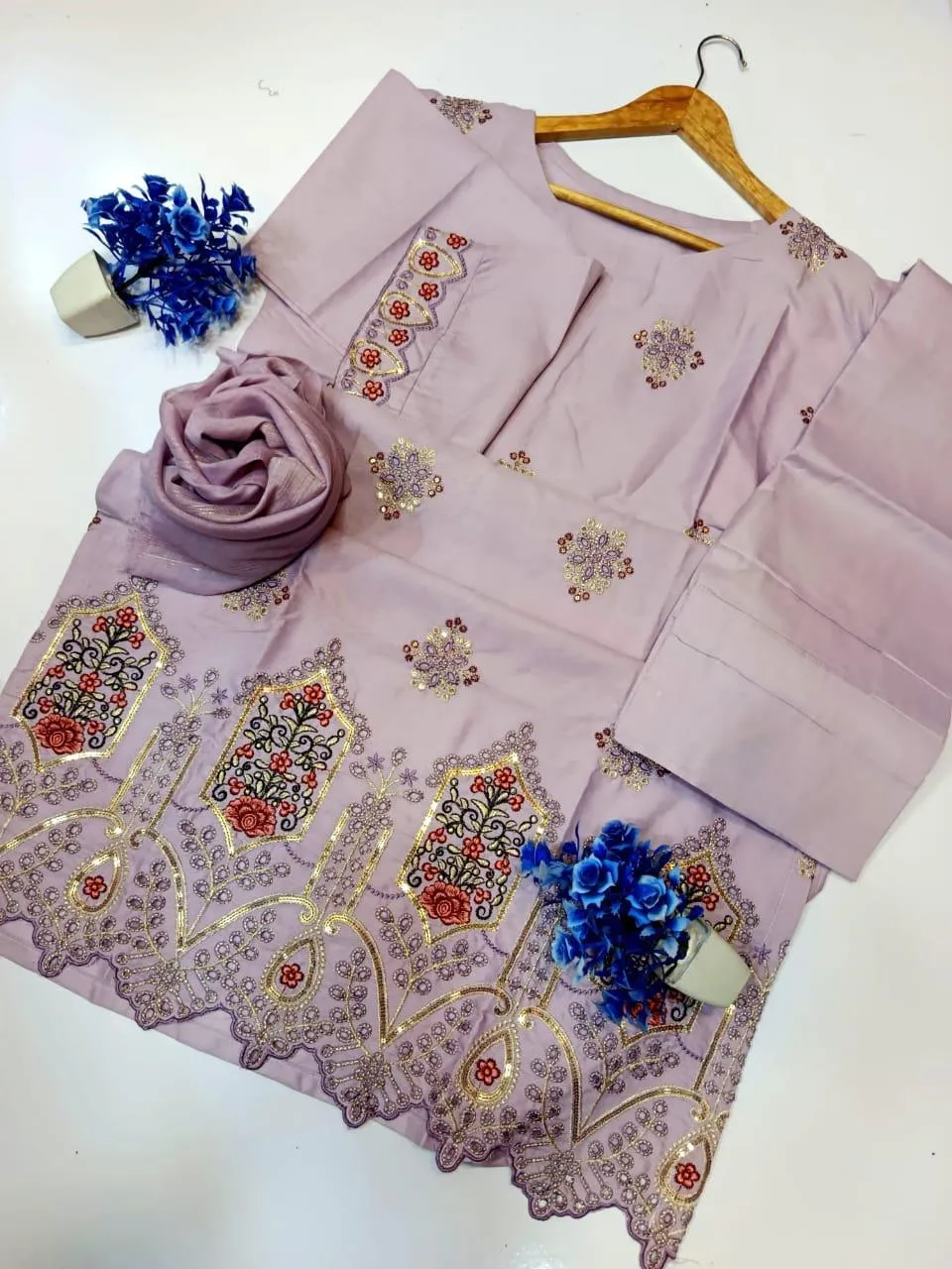 3 Pcs Women's Stitched Cotton Sequins Embroidered Suit