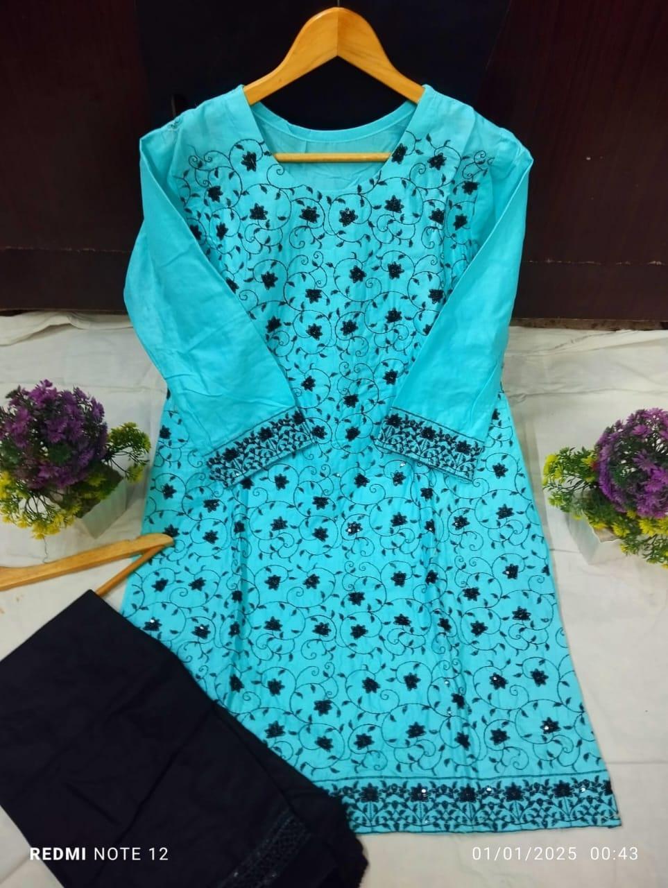 2 Pcs Women's Stitched Cotton Embroidered Shirt And Trouser