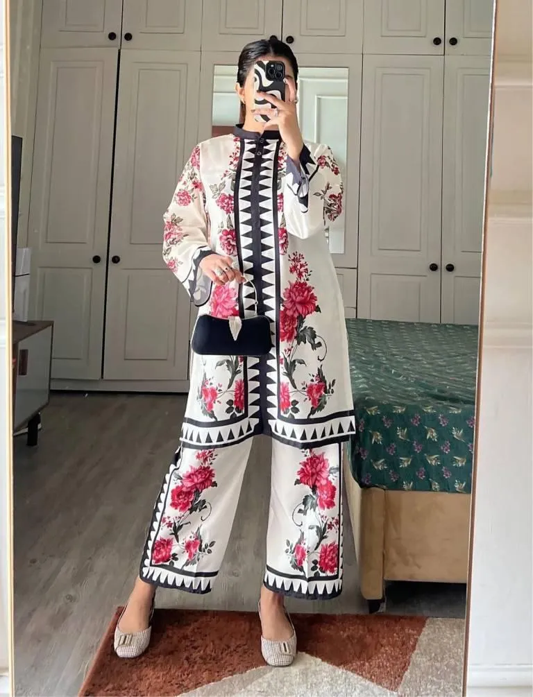 2 Pcs Women's Stitched Swiss Lawn Printed Shirt And Trouser