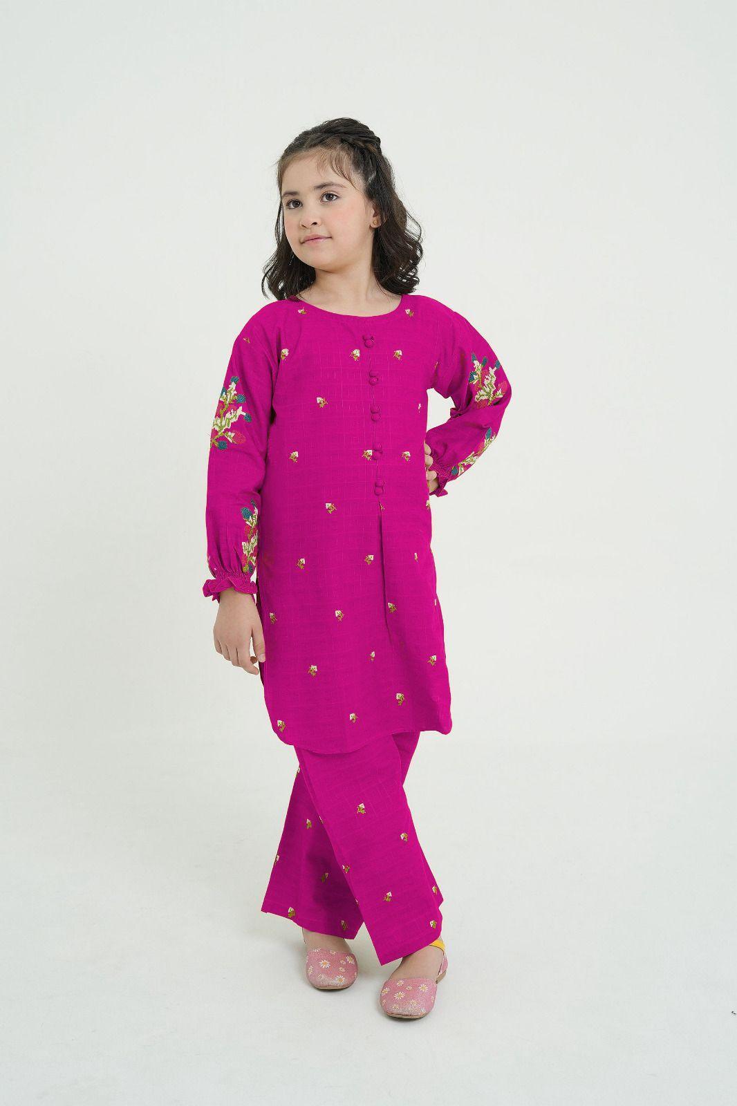 2 Pcs Girl's Cotton Embroidered Kurta And Trouser
