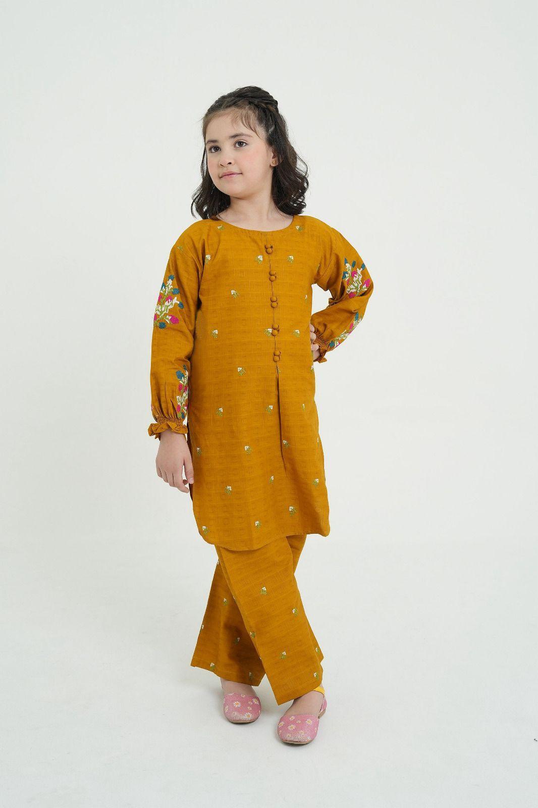 2 Pcs Girl's Cotton Embroidered Kurta And Trouser