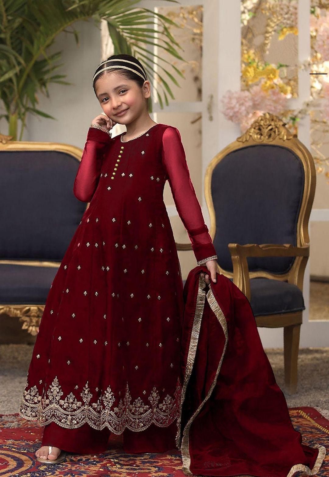 3 Pcs Girl's Chiffon Embroidered Frock And Trouser Set