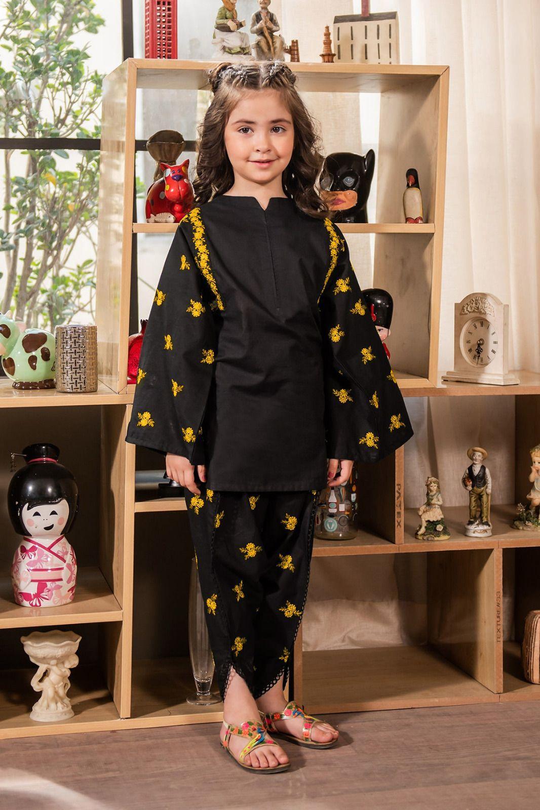 2 Pcs Girl's Cotton Embroidered Shirt And Trouser Suit