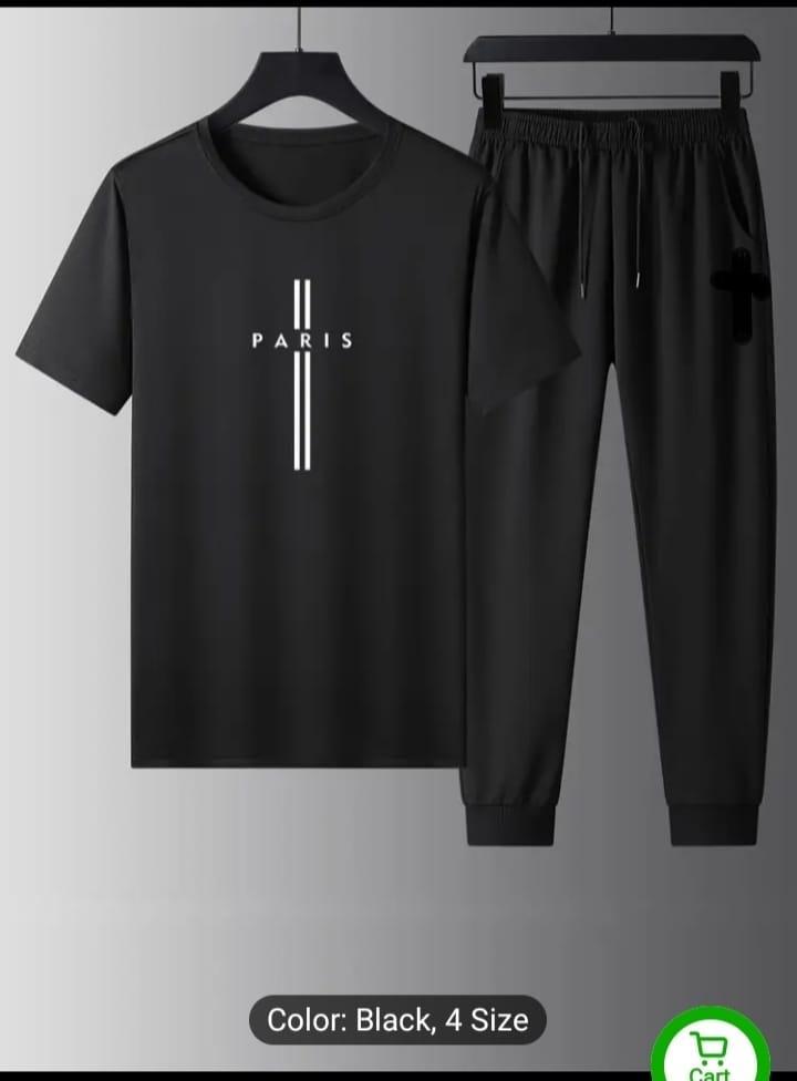 Men's Black Polyester Track Suit - 2 Pcs - Plain Round Neck Set