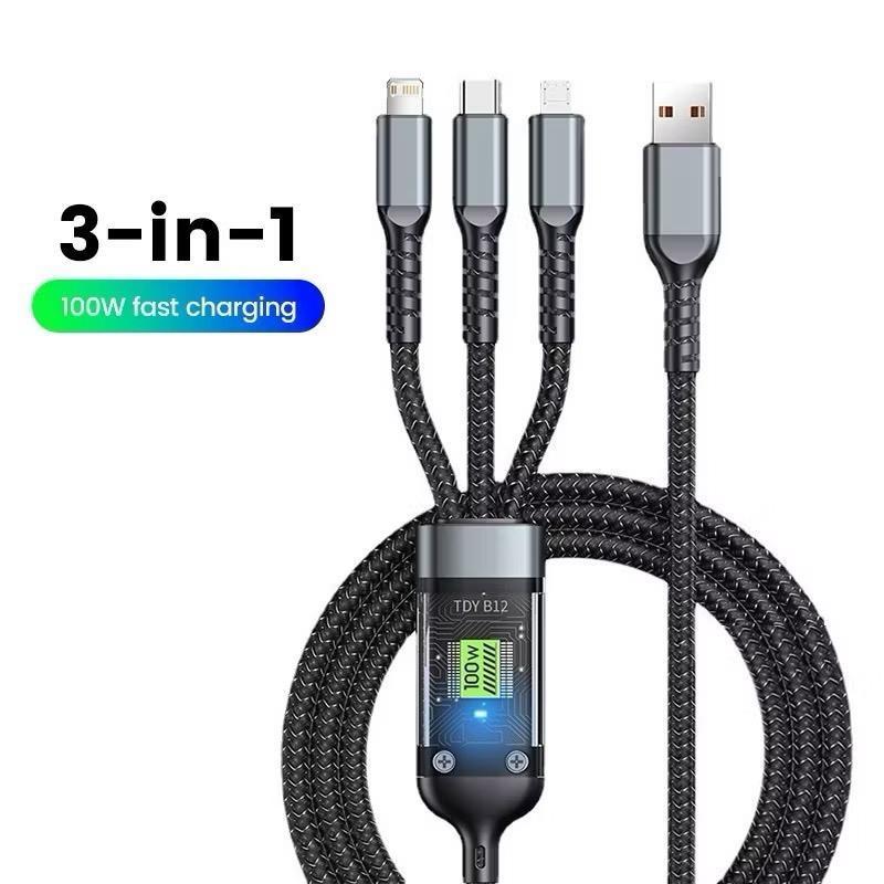 3-in-1 Fast Charging Cable 100W – Type-C, Micro USB, iPhone Compatible Multi Charging Cord