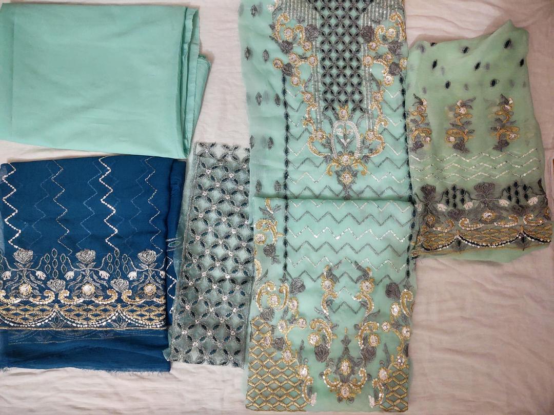 Charming Blue Printed Suit Set - 3 Pcs with Chiffon Top