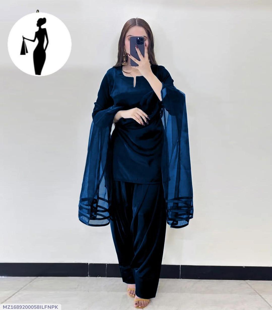3 Pcs Women's Stitched Plain Suit V Neck Plain Shirt With Long Flare Orignal Farshi Shalwar And Dupatta