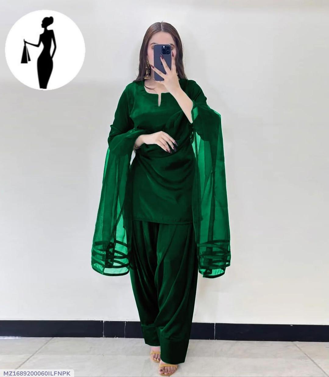 Green 3Pcs Women's Shamoz Silk Suit with Organza Dupatta