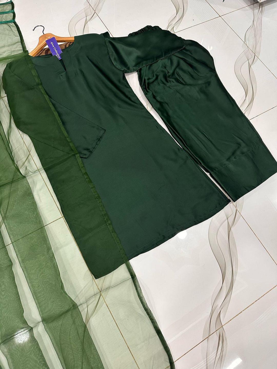 Green 3Pcs Women's Shamoz Silk Suit with Organza Dupatta