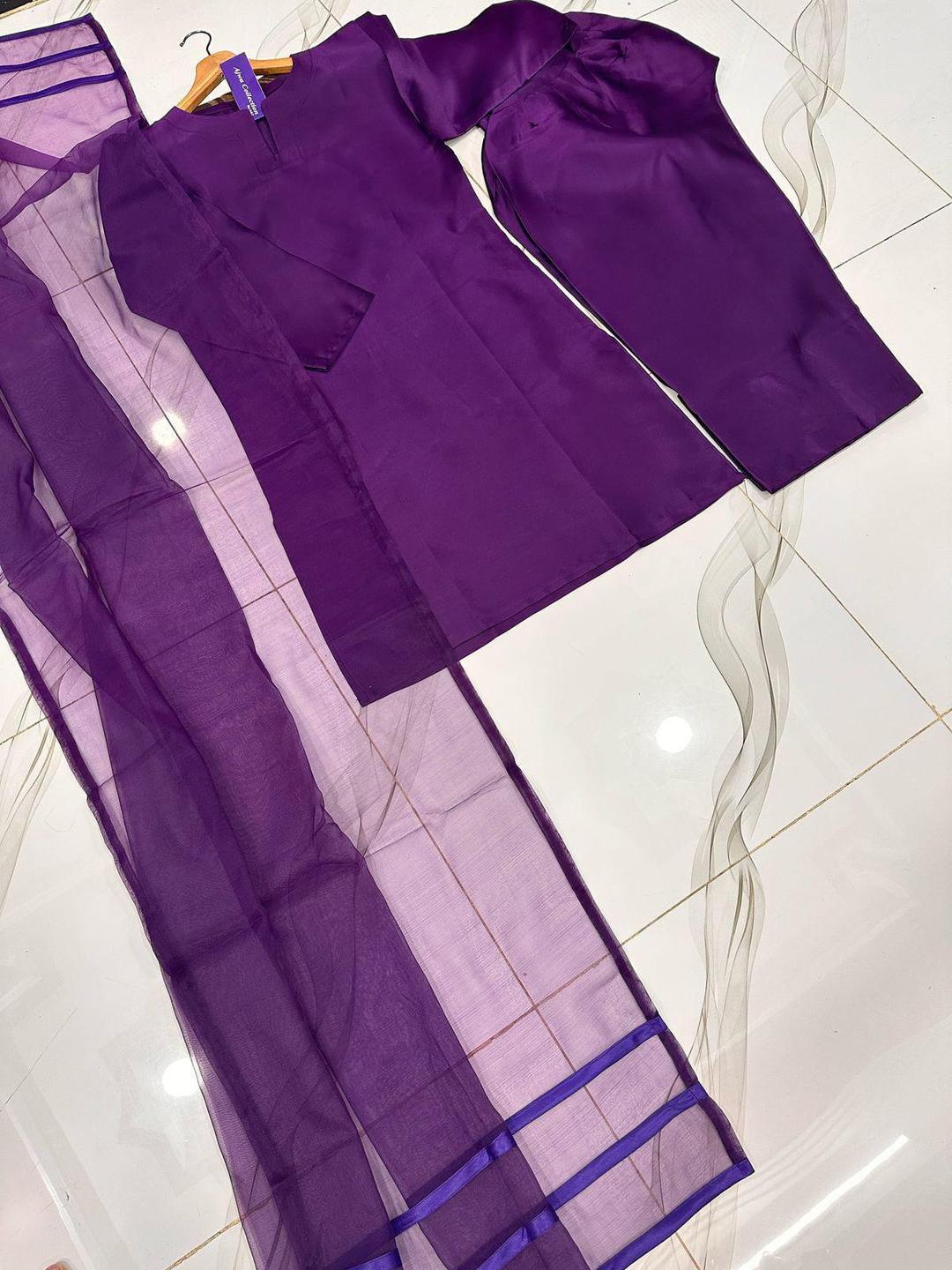 Purple 3Pcs Stitched Farshi Suit with Organza Dupatta