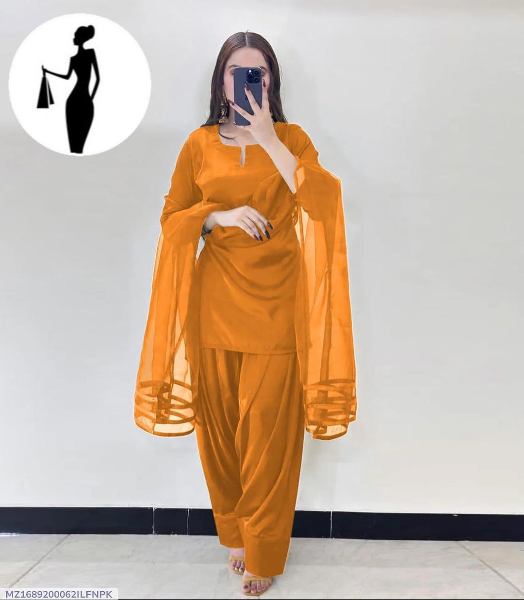 Mustard 3Pcs Stitched Farshi Suit with Organza Dupatta